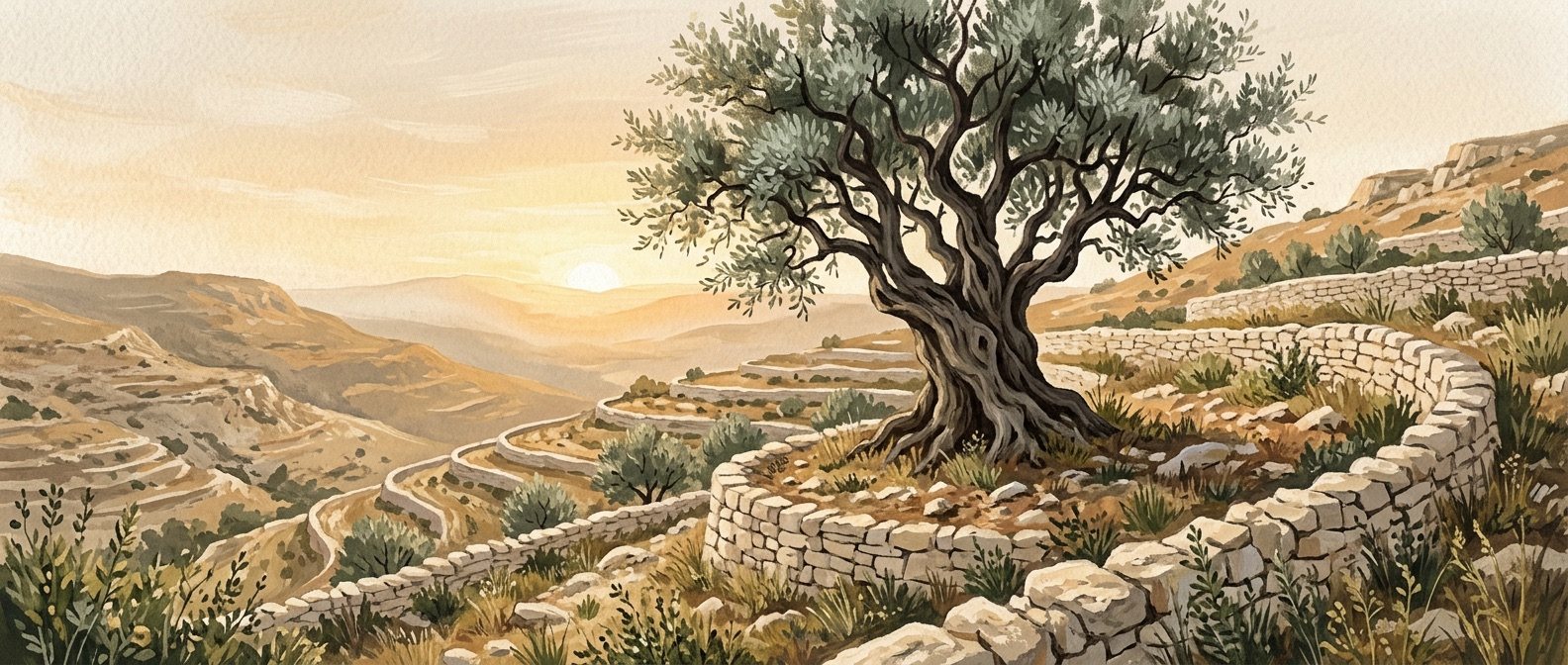 Illustration: an olive tree on a terraced hillside at dawn