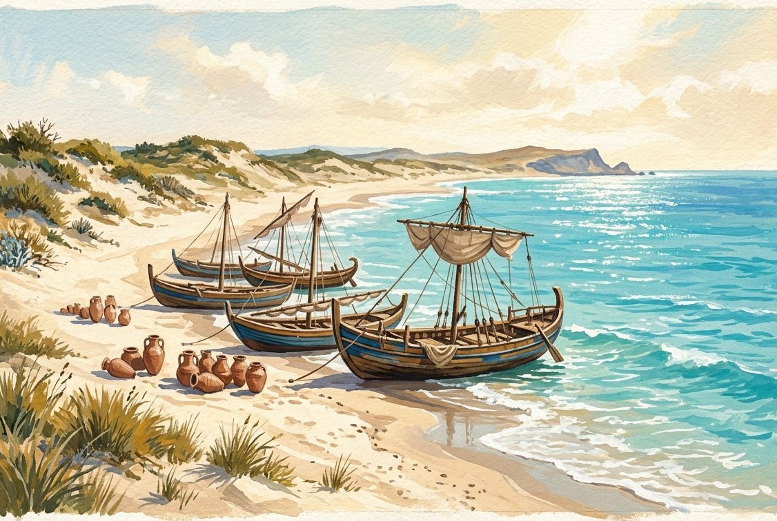 Illustration: ships drawn up on an ancient Mediterranean shore