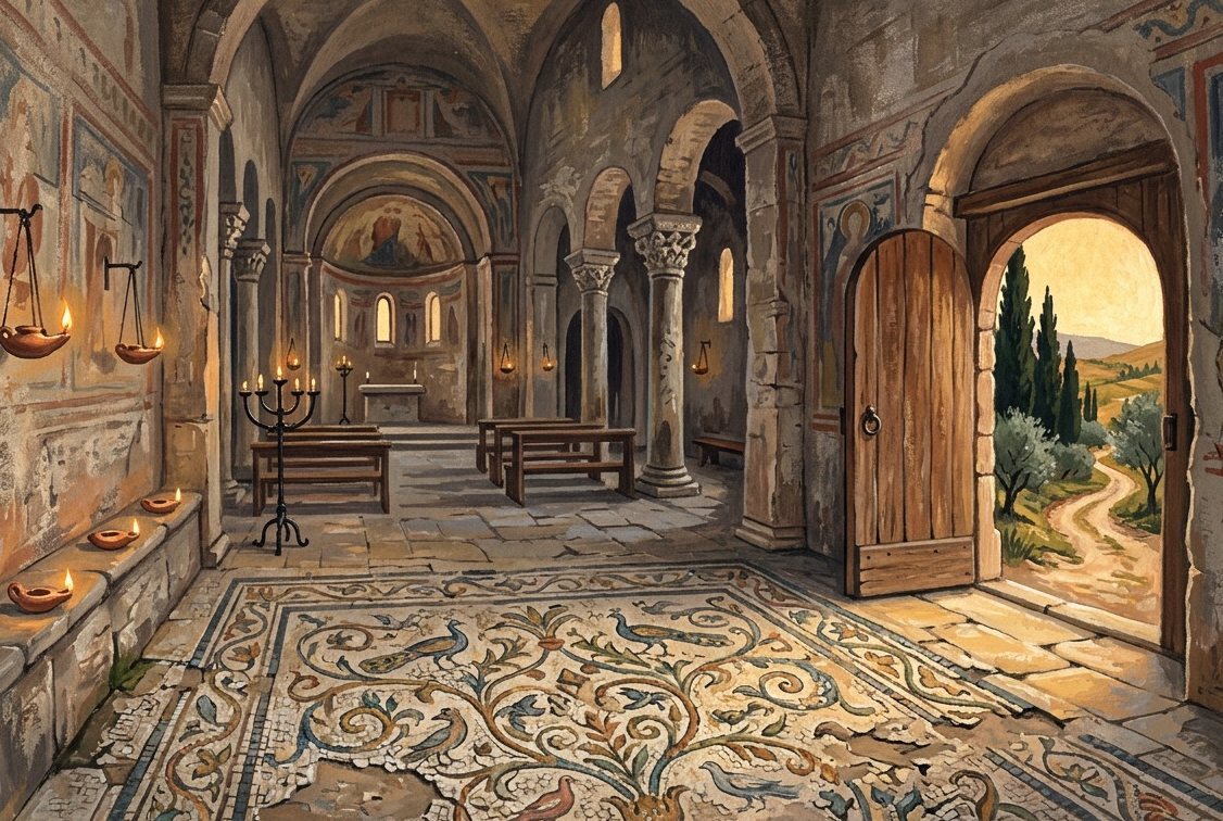 Illustration: a Byzantine basilica with a mosaic floor and oil lamps