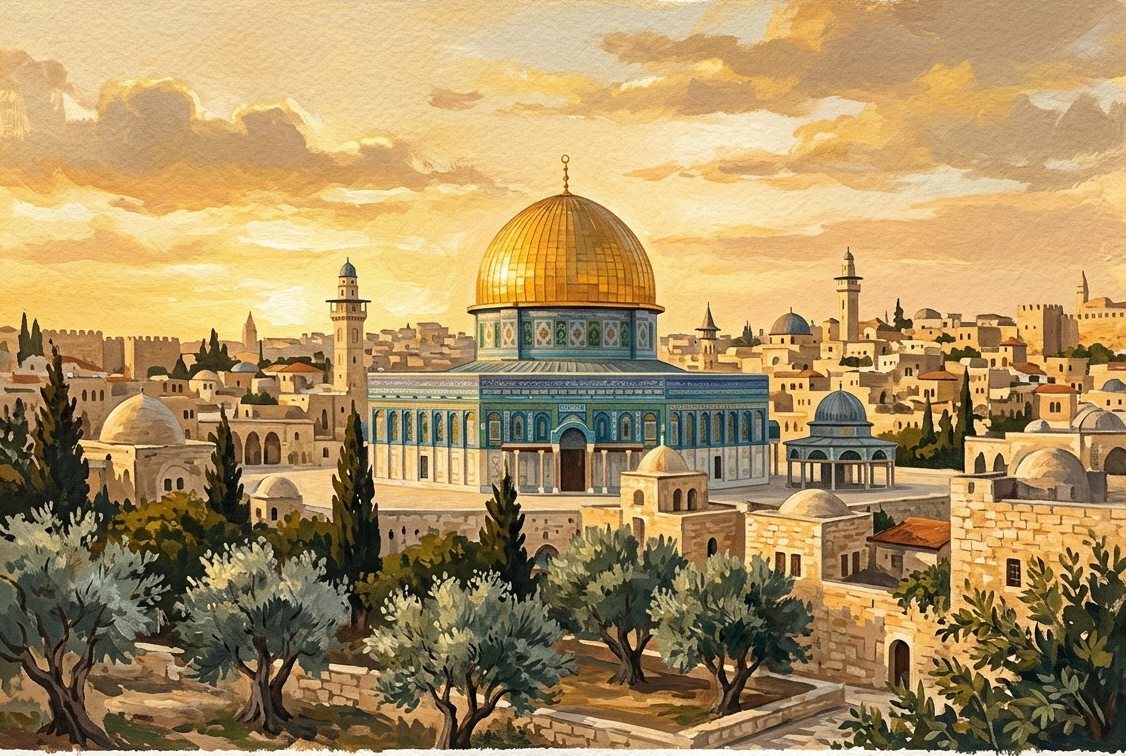 Illustration: the Dome of the Rock at golden hour