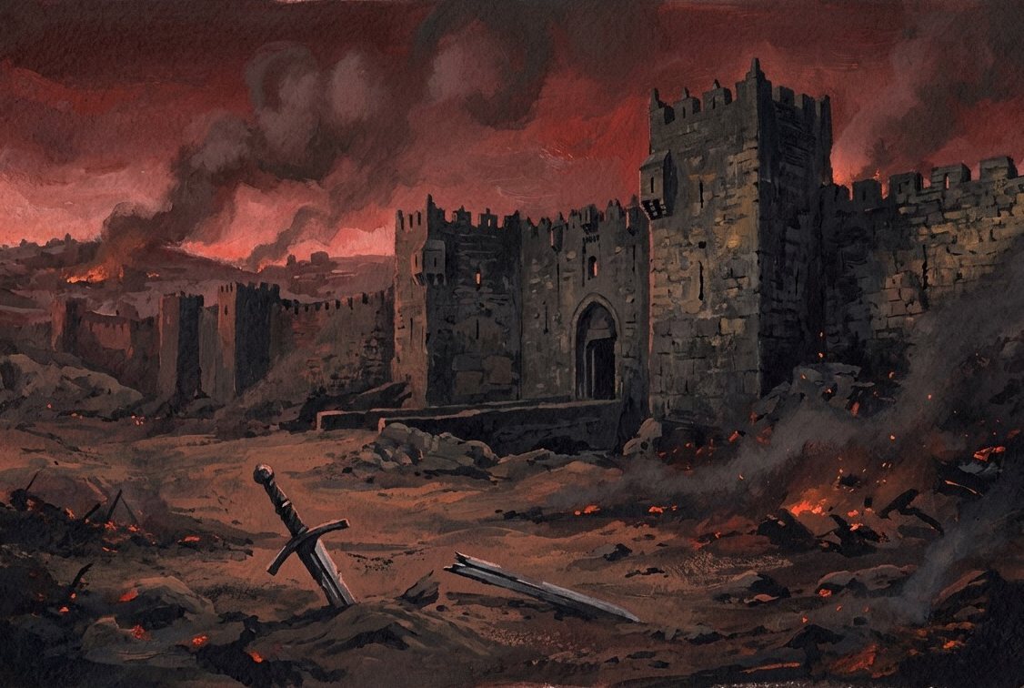 Illustration: medieval city walls under smoke at dusk