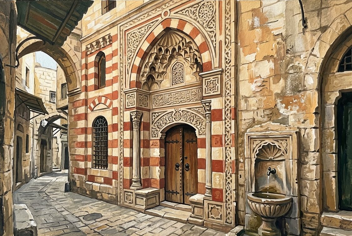 Illustration: a Mamluk madrasa facade with striped stonework