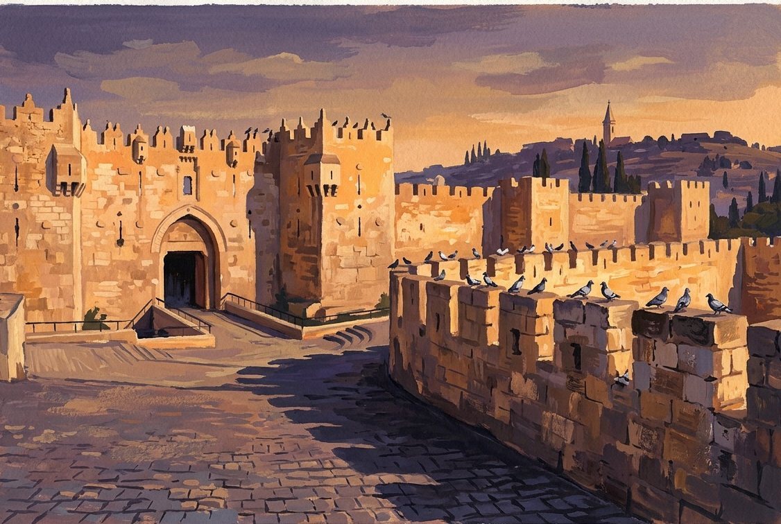 Illustration: the Ottoman walls of Jerusalem and Damascus Gate in late light