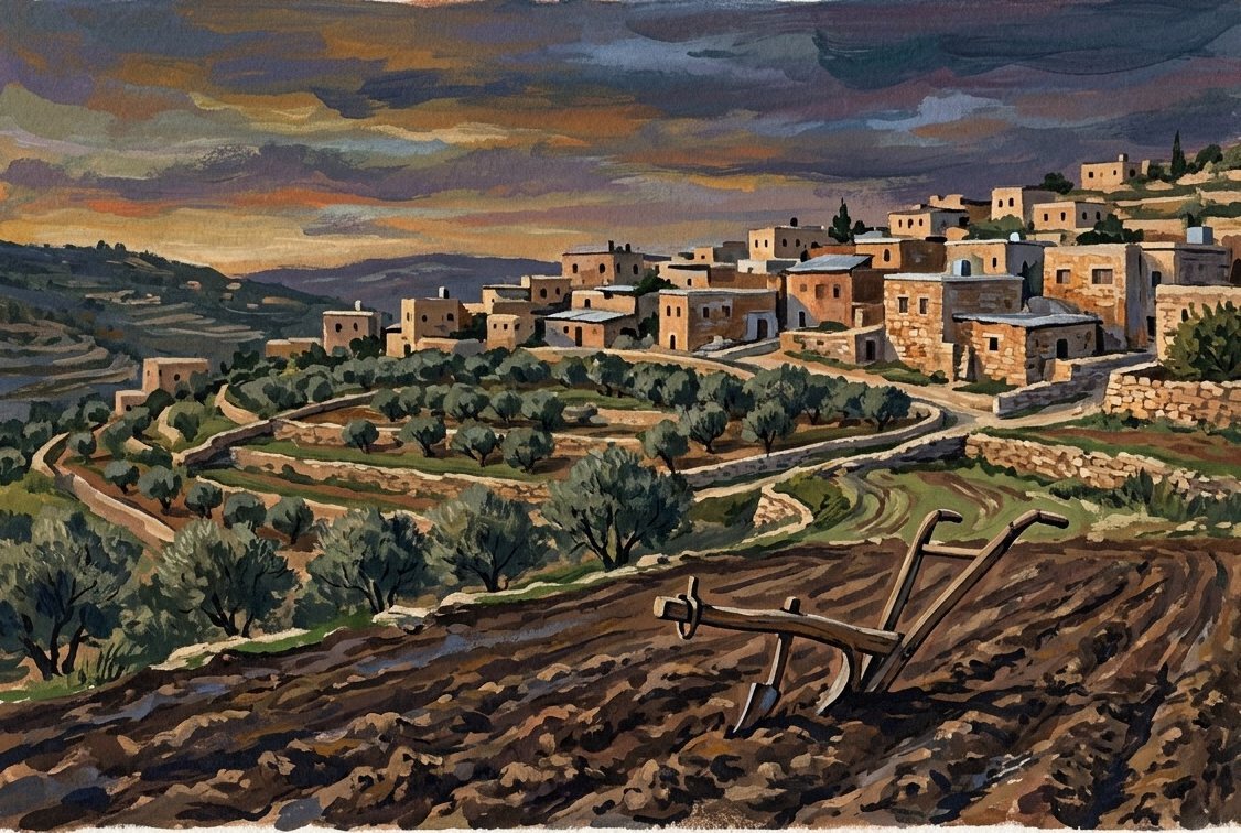 Illustration: a hill village near Nablus under a threatening dusk sky