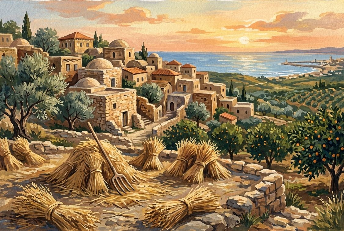 Illustration: a Palestinian village at harvest with orange groves beyond
