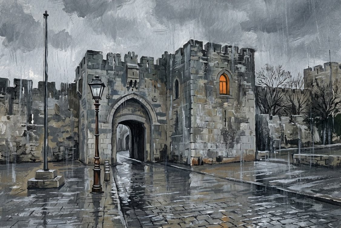 Illustration: Jaffa Gate in winter rain