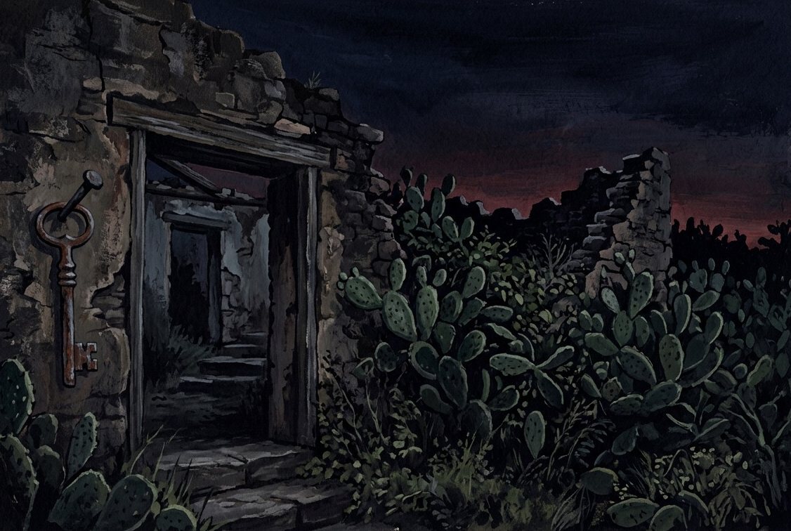 Illustration: an iron key hanging beside the doorway of a ruined stone house