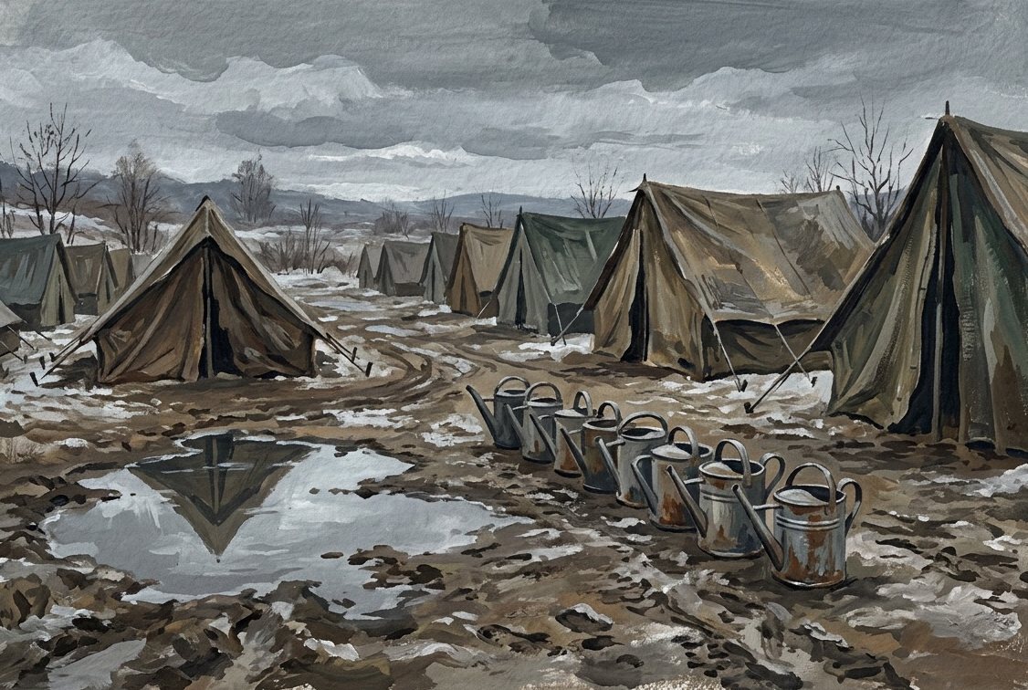 Illustration: rows of canvas tents on bare ground under a winter sky