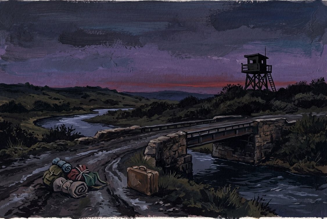 Illustration: a bridge over the Jordan at twilight with abandoned luggage