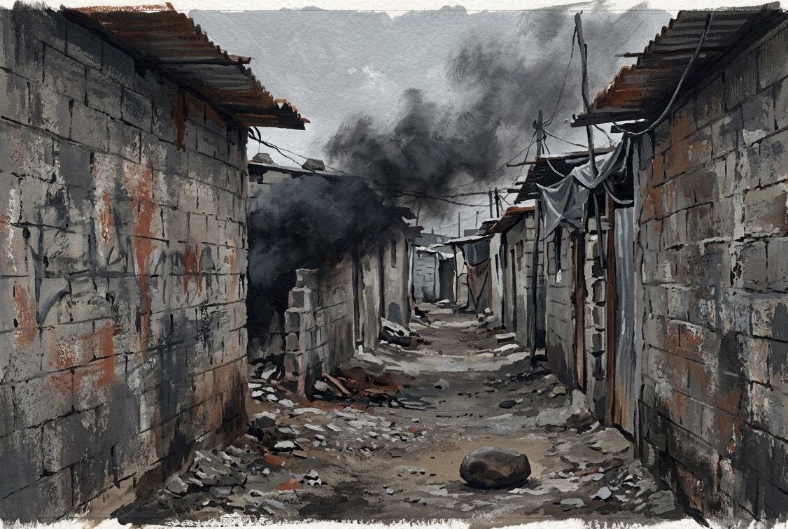 Illustration: a narrow camp alley with smoke drifting across