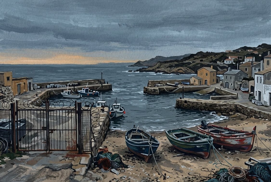 Illustration: beached fishing boats behind a closed steel gate