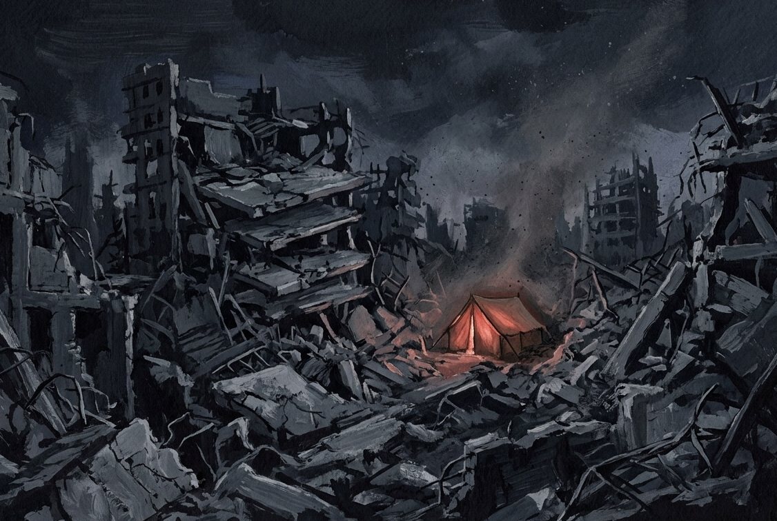 Illustration: a city reduced to rubble at night with a single lit tent
