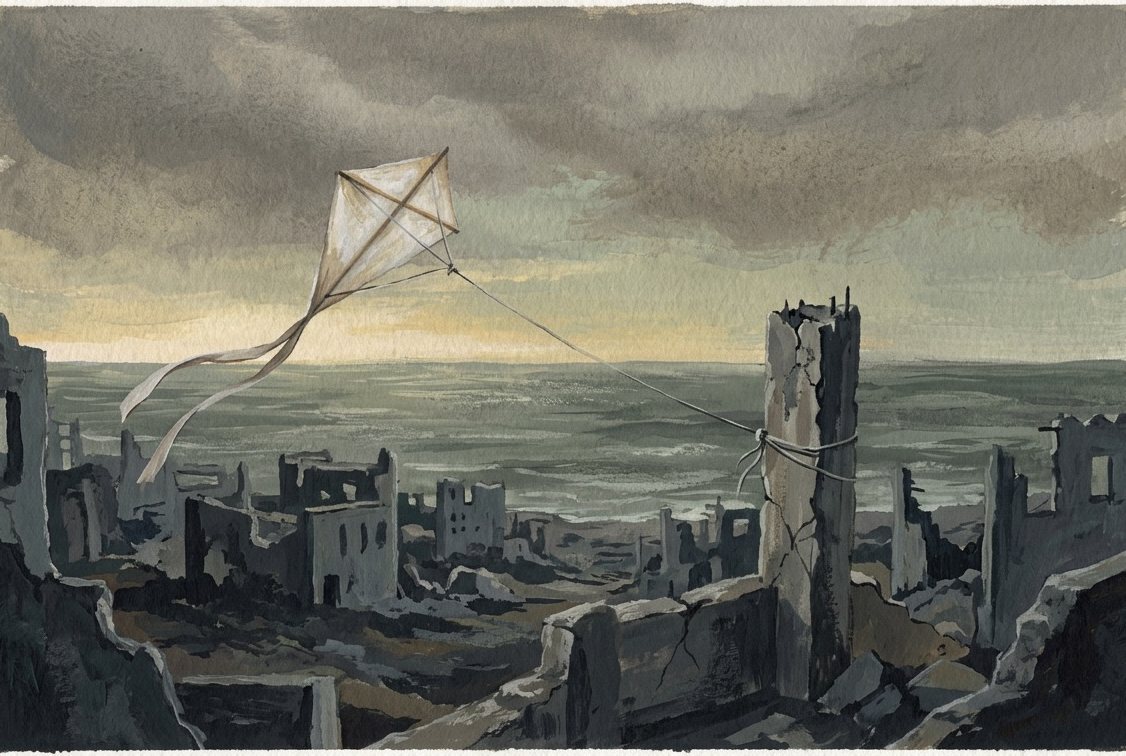 Illustration: first light over ruins by the sea, a kite tied to a broken pillar