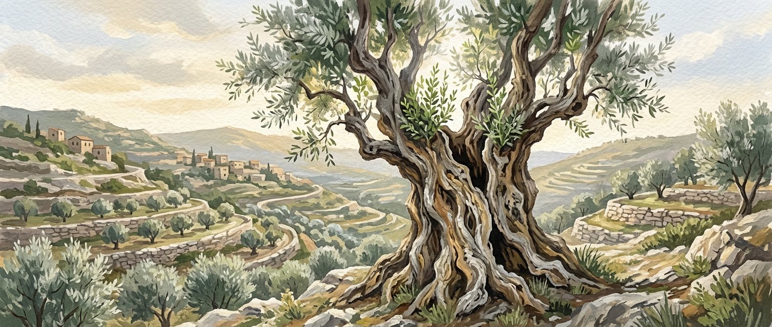 Illustration: an ancient olive tree with new green shoots in morning light